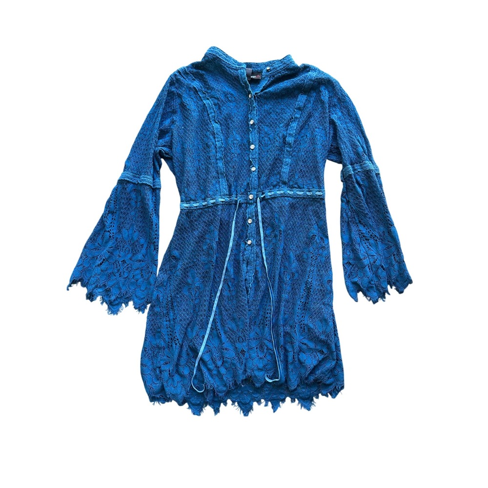 Colleen Lopez Teal Blue Floral Lace Tunic Dress Bell Sleeve Boho XL